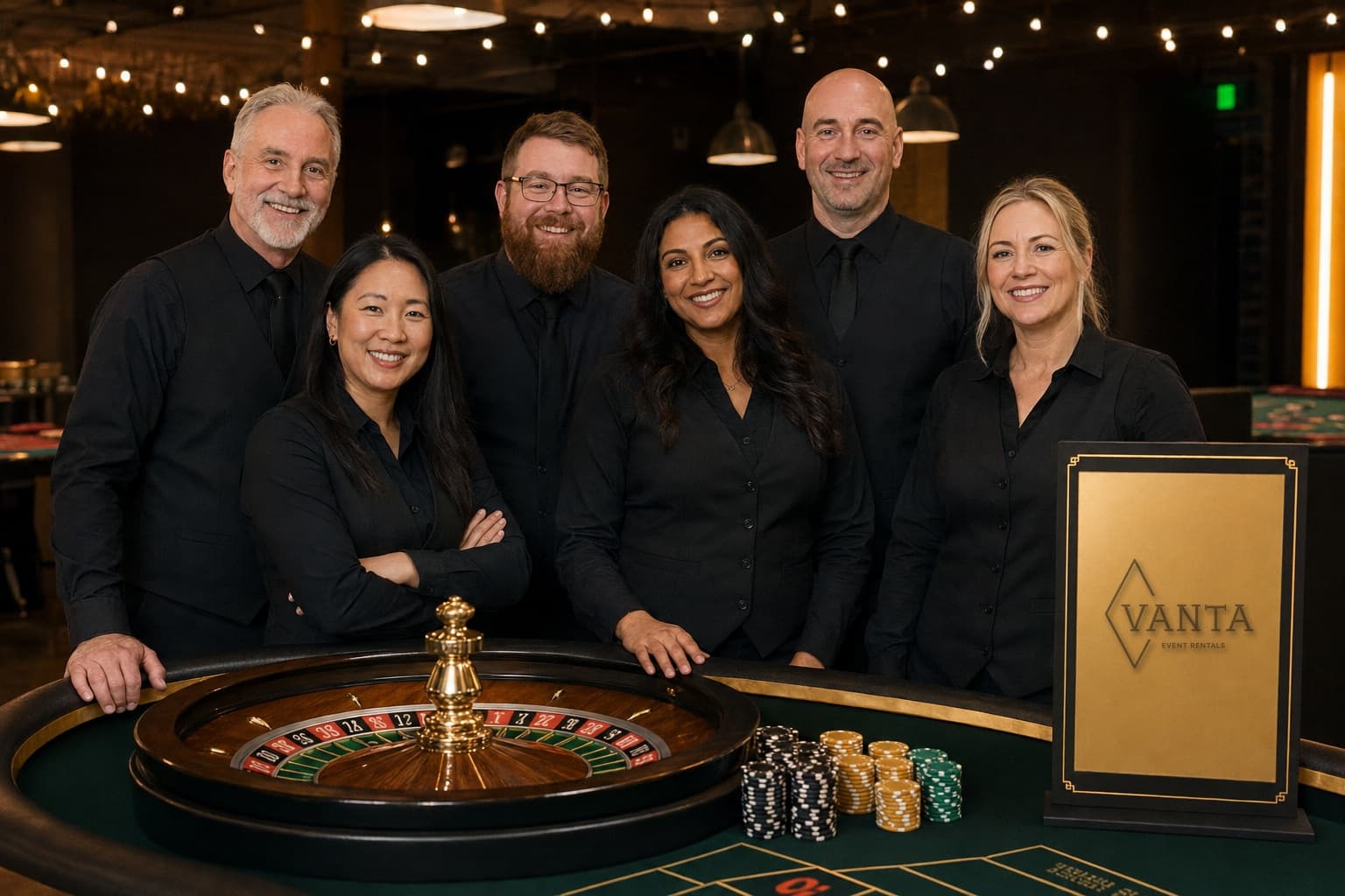 The Vanta Event Rentals team behind a roulette table
